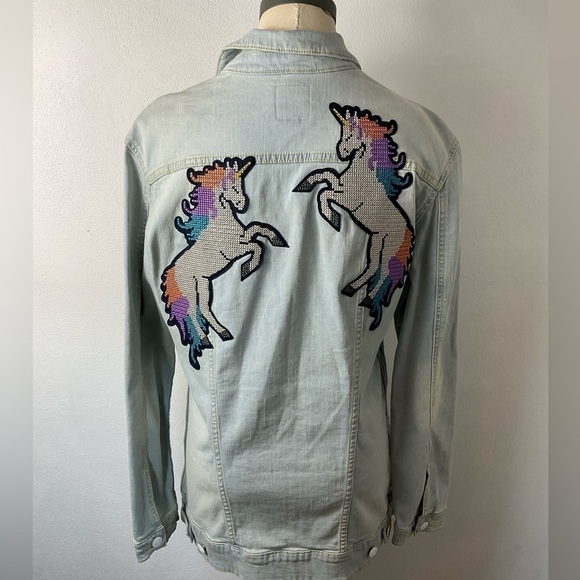 Rare LuLaRoe Jaxon Unicorn Denim Jean Jacket Sz M - Picture 1 of 6